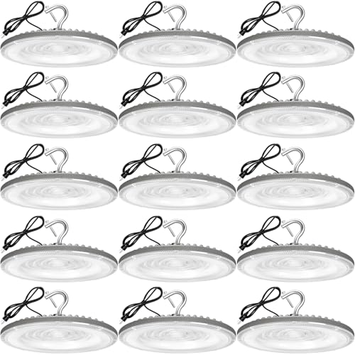 XYCN 15 Pack 100W UFO Led High Bay Light,IP66 Waterproof,120VAC,15050LM 5000K Daylight Area Lighting,450W MH/HPS with Plug Commercial Bay Lighting for Warehouse/Shop/Workshop/Barn/Gym/Factory