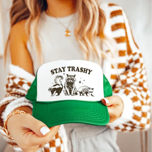 Image of Stay Trashy Funny Raccoon Graphic Classic 5 Panel Mesh Snap Back Trucker Hat