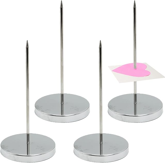 4 Pcs Paper Memo Holder, Receipt Spike Paper Spike Receipt Bill Ticket Note Memo Spike with Round Base, Metal Straight Rod Receipt Holder for Restaurant Kitchen Hotel Office (Silver)