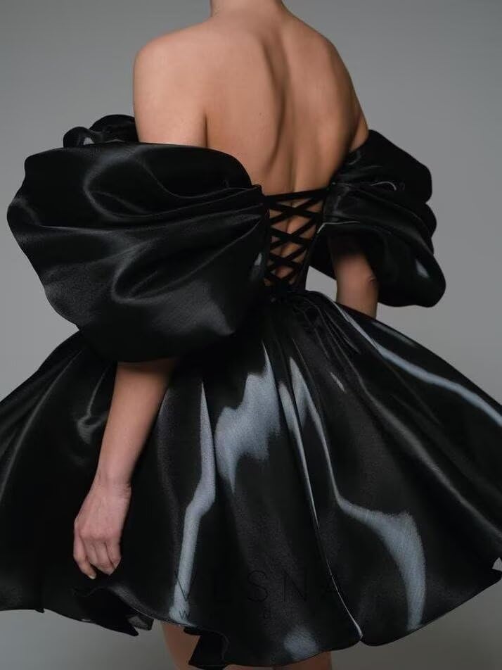 SHANDUAO Off Shoulder Short Homecoming Dresses Satin A Line Ruffles Prom Cocktail Party Gowns with Pockets HC0013