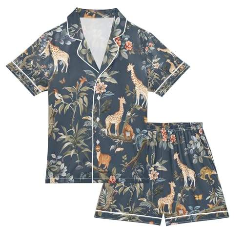 senya Animals on Giraffe Satin Summer Pajama Sets Silk Short Sleeve Button Down Sleepwear