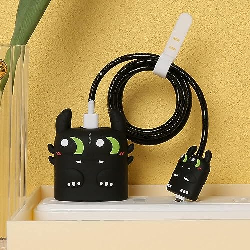 Image of INEFABLE Charger Case Cover Protector with 3D Cute Pattern for iPhone Charger only 18W & 20W, Data Charging Cable Wire Saver Protective Cable Cover Full Protection - Set Of 1 (Black Dragon)