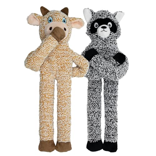 2 Pack Dog Toys with Squeakers, Plush Teething Toys to Keep Them Busy, No Stuffing Crinkle Interactive Dog Animals, Cute Funny Dogs Gifts for Small Medium Large Breed (Raccoon Cattle)