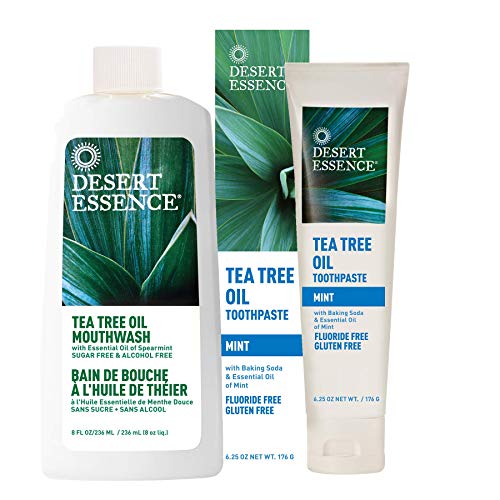 Desert Essence Tea Tree Oil Bundle - Contains One Unit of 8 Fl Oz Mouthwash & 6.25 Oz Toothpaste - Pure Essential Oil - Antiseptic - Natural Ingredients - Refreshing Taste - Fluoride & Gluten Free