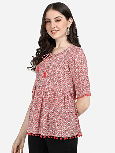 Image of Women Pure Cotton Red Geometric Print Tie-Up Neck Peplum Top