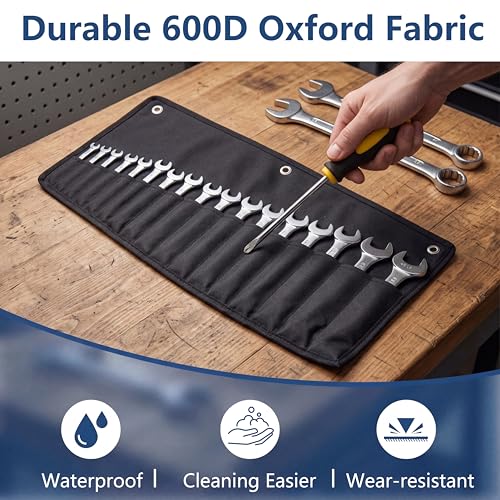 Image of Wrench Roll Up Pouch, 16-Pocket Heavy Duty Tool Roll Up Bag | Sturdy Waterproof Oxford Fabric, 3 Rings, for Wrenches, Screwdrivers, Hand Tools Storage, Portable Organizer for Mechanics
