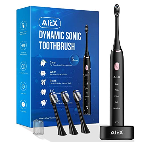 AIEX Sonic Electric Toothbrush with 3 Replacement Heads Rechargeable Electronic Toothbrush with Holder Black Travel Toothbrush with 5 Modes/IPX7 Waterproof/USB Wireless Charging/Smart Timer/Travel Bag