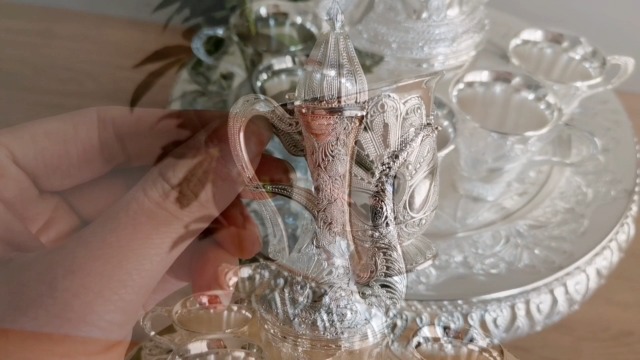 Turkish Coffee Cup and Tea Pot Set Including Teapot,Tea Tray,6 Metal Cups,Tea Service Set for Tea Table Decor,Hip Flask(Silver)