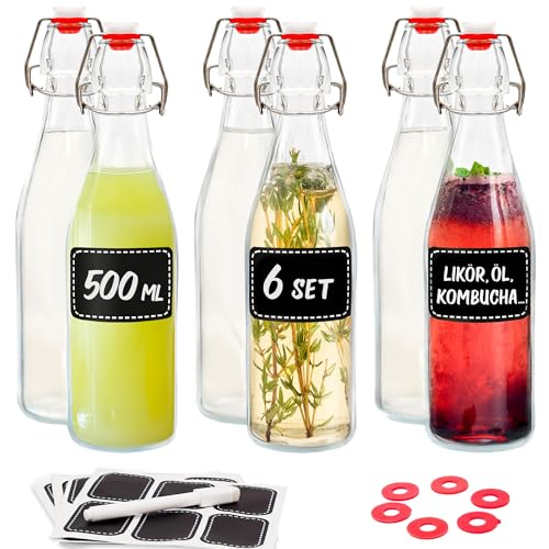 Praknu 6er Set Glasflaschen 500ml mit Bügelverschluss - Bügelflaschen Zum Befüllen - inkl 6 Extra Dichtungen & 12 Etiketten mit Stift - Glasflaschen für Öl, Essig, Saft, Limonade, Eierlikör & Sirup