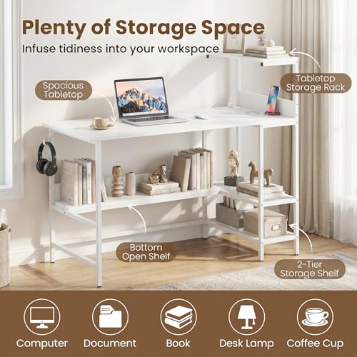 Image of Tangkula 48 inch Reversible Computer Desk with Bookshelves, Home Office Desk with Power Outlets, Hook and Storage Shelves, Writing Study Desk for Living Room, Study Room, Office (White)