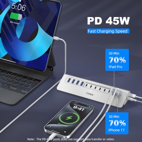 Image of Powered USB Hub 10Gbps, intpw 12-Port USB 3.2 /USB C Hub (4 x USB-A 3.2 + 6 x USB-C 3.2 10Gbps +2 x PD 45W Fast Charging Ports), 3Ft Cable, Aluminum USB Hub for PC /Laptop /iPhone 17 /16 /MacBook Neo