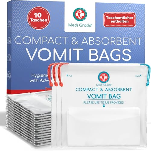 Medi Grade - Kotztüten, 10er Pack – Auslaufsichere und Absorbierende Brechbeutel – Spuckbeutel – Null Geruch durch Geltechnologie – 750 ml Fassungsvermögen – Brechbeutel Spucktüten
