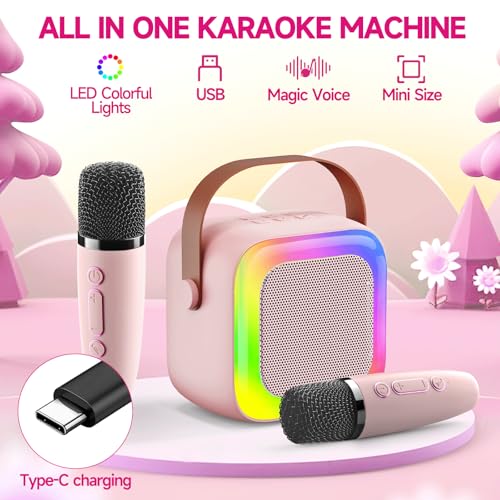 Image of Mini Karaoke Machine for Kids Teen Adults, Kids Karaoke Machine with 2 Wireless Microphones and LED Lights Toys for Christmas Birthday Party, Home, Gifts for 4 5 6 7 8 9 10 11 12+ Years Girls Boys