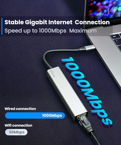 Image of USB-C Ethernet Adapter with 100W Charging Port & Multiport Hub - Gigabit Ethernet Adapter, 5GB USB 3.0, SD /FT for Laptops, MacBooks, Chromebooks & More