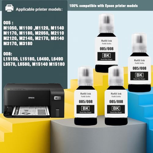 Image of KOSH 008 Refill Ink Compatible for Epson L6460 /L6490 /L6550 /L6570 /L6580 /L11160 /L15150 /L15160 Printers (Black x 4)