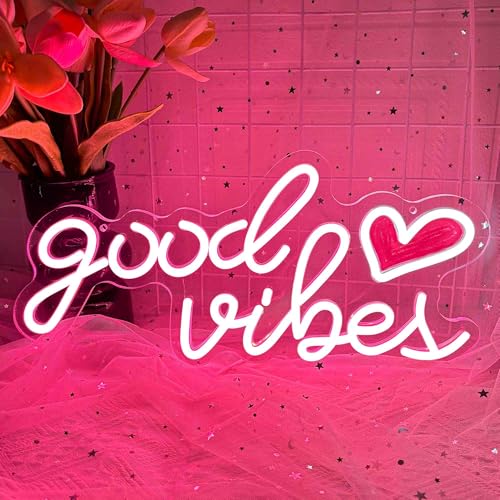 Image of Good Vibes Neon Sign 16.1 X 7.8 inch Pink Good Vibes Neon Light with Red Heart UV-Printed Dimmable USB Powered Aesthetic Led Light Up Sign for Bedroom Girls Room Birthday Party Bar Wedding Present