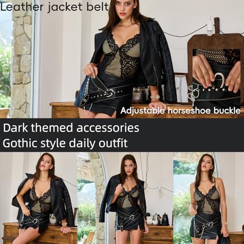 Punk Goth Style Wide Belt for Women - Stitched PU Leather with Studded Rivets & Detachable Double Crystal Chain - Pothook Buckle 30-40 Inch4