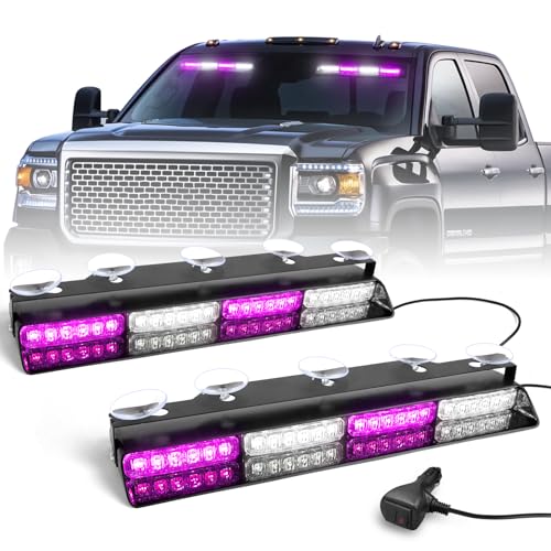 HLauto 6Z4J Emergency Dash Strobe Lights: 2x16.8 inch Purple White Safety Lights, 48 LED Flashing Warning Hazard Interior Windshield Visor Traffic Light Bar for Trucks, Construction Vehicles