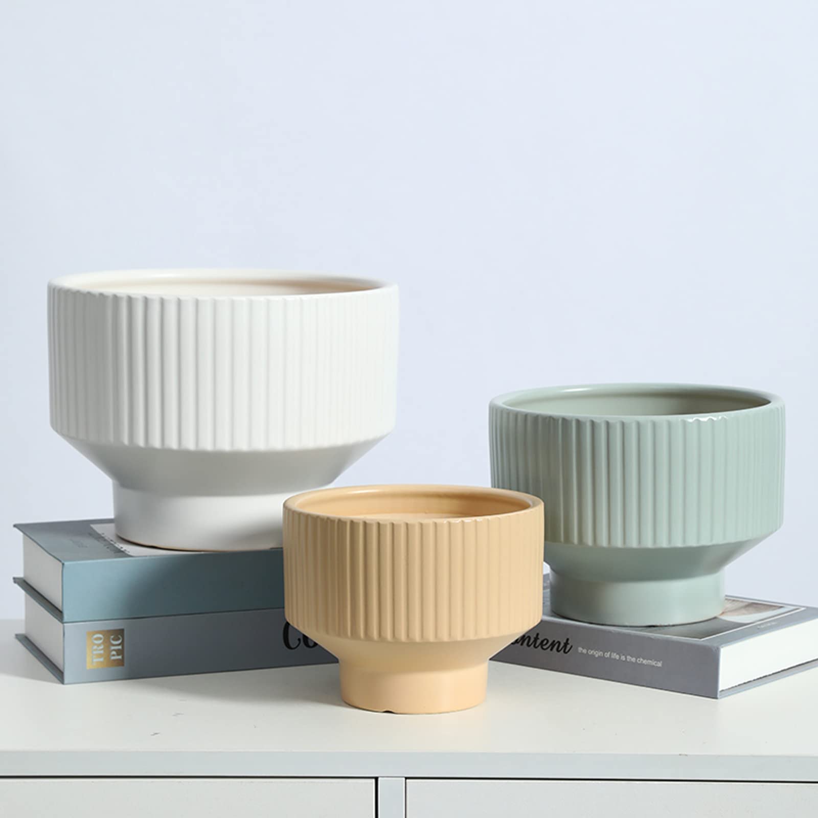 Vasi da Giardino Vaso per fioriere succulente in Ceramica con Foro di drenaggio e piattino in plastica, Moderno Vaso da Giardinaggio a Strisce Verticali per la casa