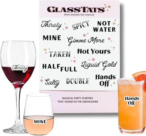 GLASSTATS Dissolvable Drink Markers - Wine Glass Charms - Happy Hour Themed Party Favors
