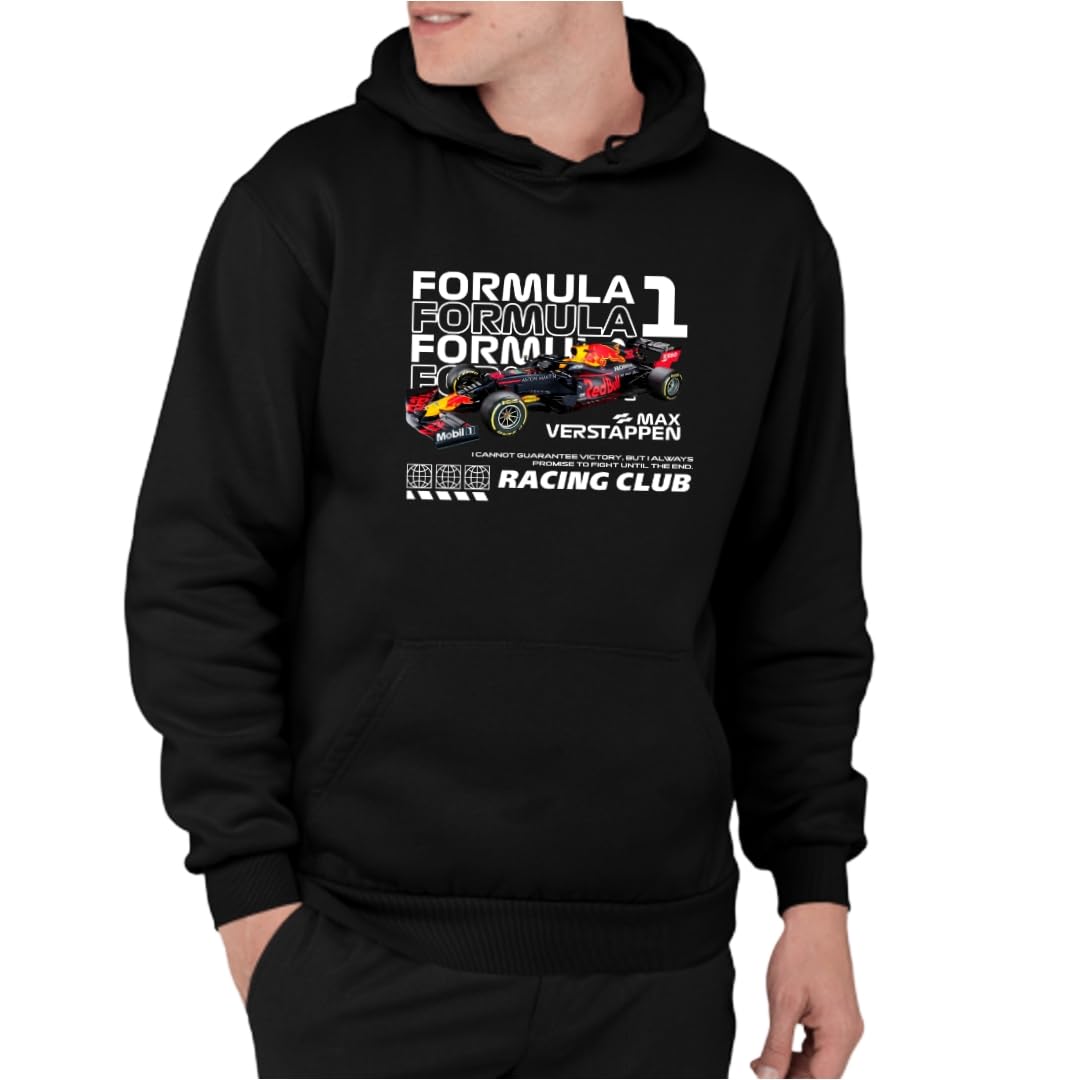 Formula1 Graphic Printed Black Hoodie with Red Star Design, Casual Streetwear Style, Long Sleeve Pullover Sweatshirt-picture-42