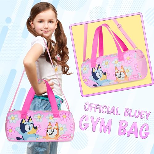 Bluey Gym Bag for Kids Duffle Bag Cute Travel Holdall Weekend Bag for Sports Gym Class Swimming Dance with Side Pockets Travel Essentials (Floral Bluey)3