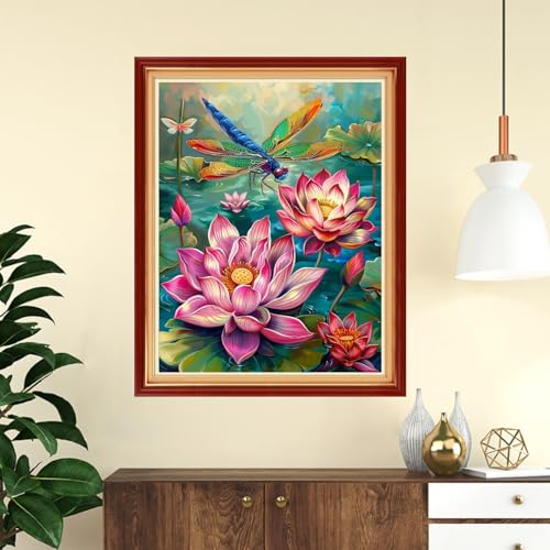 Image of Funchey Stamped Cross Stitch Kits, DIY Cross Stitch Pattern for Adults Beginners Needlepoint Kits Embroidery Kit Arts and Crafts 11CT-Colorful Lotus Dragonfly 16x20 inch