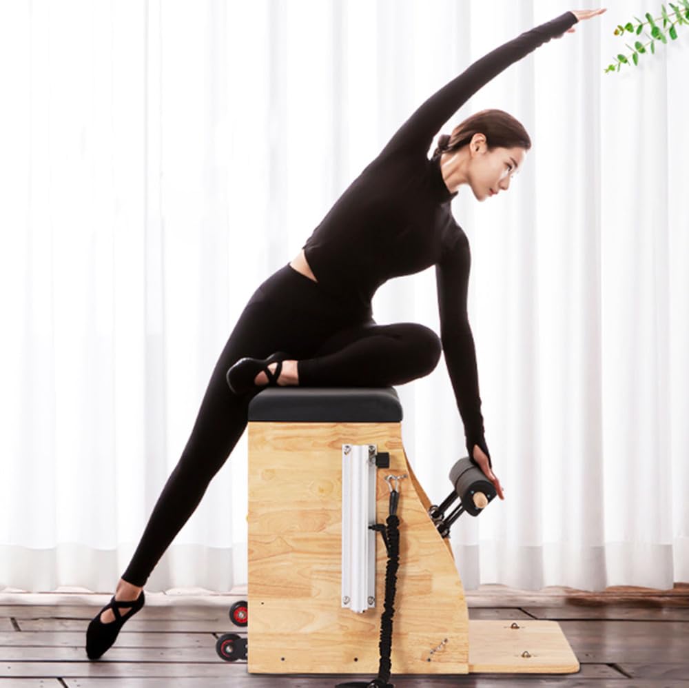 Asiento de Pilates de PU y Madera para Reformer, Corrector de Postura, Barril de Pilates, Silla de Pilates con Pedales y Asas divididos para Yoga, Set Multifuncional de Reformer de Pilates.