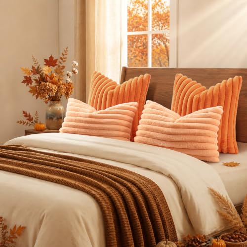 Image of decorUhome Fall Faux Fur Throw Pillow Covers 20x20 Set of 2 Pumpkin Orange