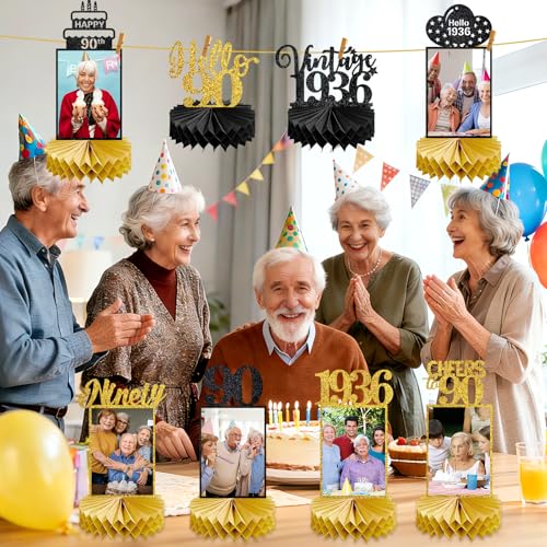 Image of Eucutur 8Pcs 90th Birthday Decorations Honeycomb Centerpieces for Women Men, Black Gold Vintage 1936 90th Bday Photo Table Centerpieces Party Supplies, Glitter Cheers to 90 Year Old Bday Table Topper