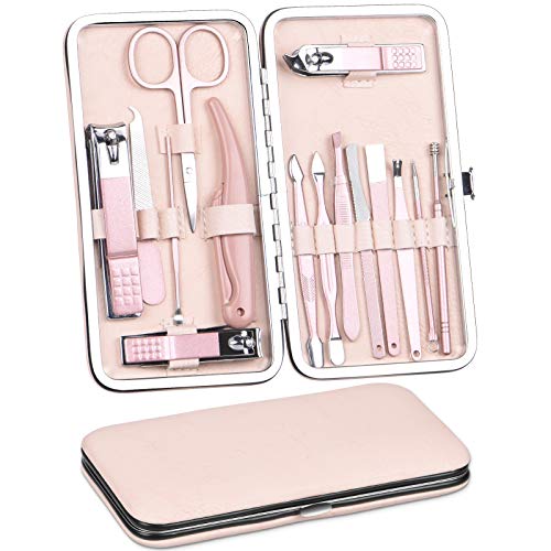 Manicure Set, STRAWBLEAG Professional 15 in 1 Nail Grooming Kit Nail Clippers Set, Stainless Steel Nail Scissors Set with Pink Leather Travel Case, Good Gift for Man and Women