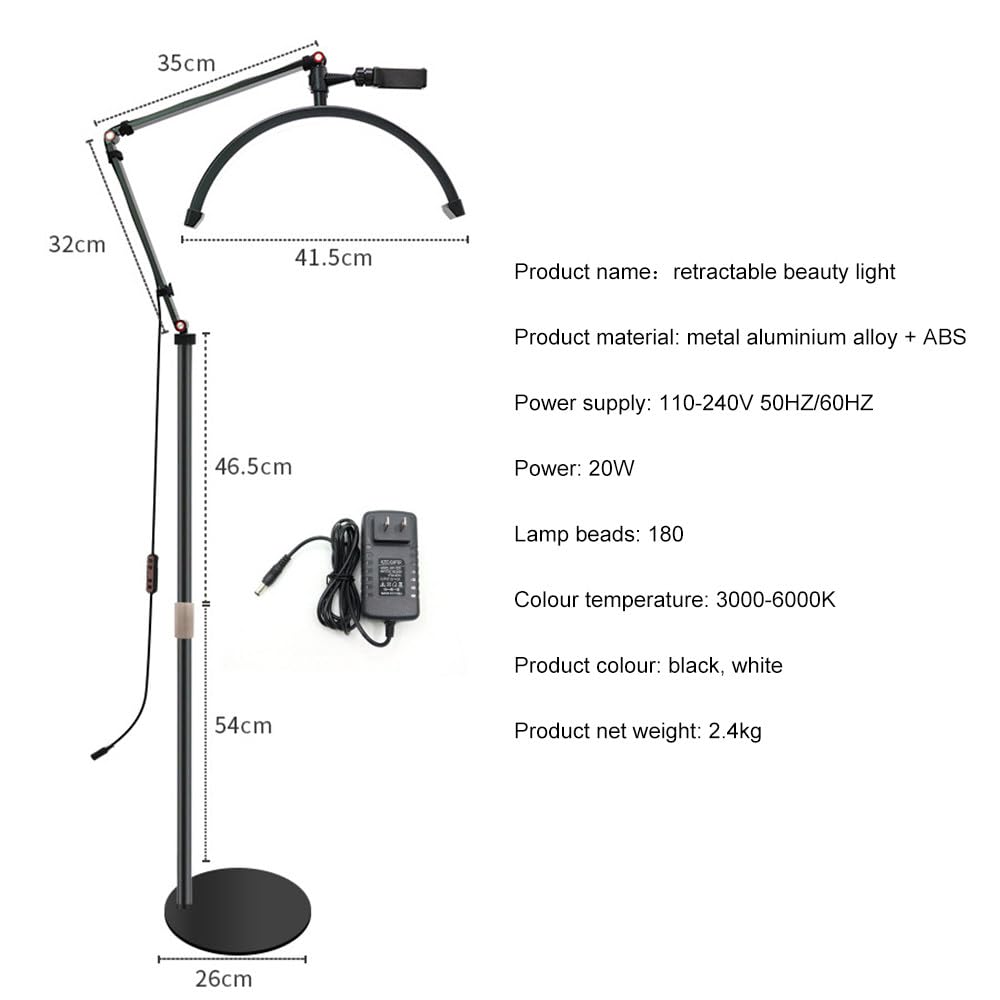Podłogowa, wysuwana lampa kosmetyczna, przenośna lampa biurkowa Half Moon, lampa kosmetyczna dla tatuażystów, technika paznokci, lampa do rzęs z uchwytem na telefon,White