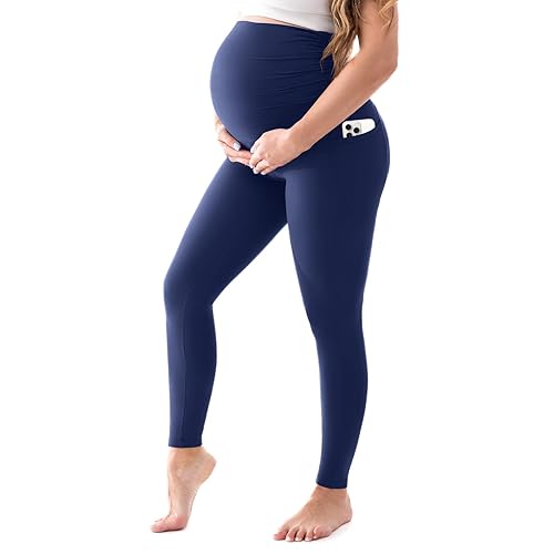 Walifrey Women's Maternity Leggings with Pockets Over The Belly,Pregnancy Yoga