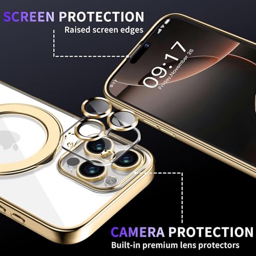 Image of Magnetic for iPhone 16 Pro Case with Invisible Stand[Compatible with MagSafe][Full Camera Lens Protector][Military Drop Protection] Shockproof Not Yellowing Clear Soft Slim for Women Men, Gold