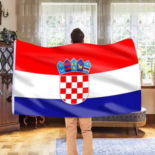 Image of AhfuLife Croatia Flag 5ft x 3ft for Party Decorations, 2 Pcs Large Croatian Flag Polyester Double Side with Brass Eyelets for Eurovision Euro Football World Cup Garden Decorations