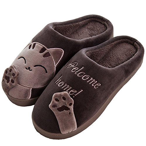 Image of Rojeam Ladies Cute Cat Animal Plush Slip On Winter Warm Bedroom Shoes Non Slip House Slippers for Women Men