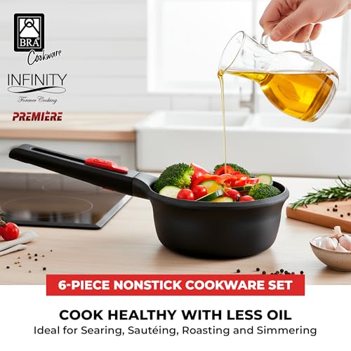 Image of BRA COOKWARE Premiere & Infinity 6-Piece Nonstick Cookware Set | Cast Aluminum Pots & Pans Set w / 1 Dual Skillet, 1 Pot, 1 Saucepan, 2 Lids | 3-Layer NonStick | All Stovetops | PFOA Free