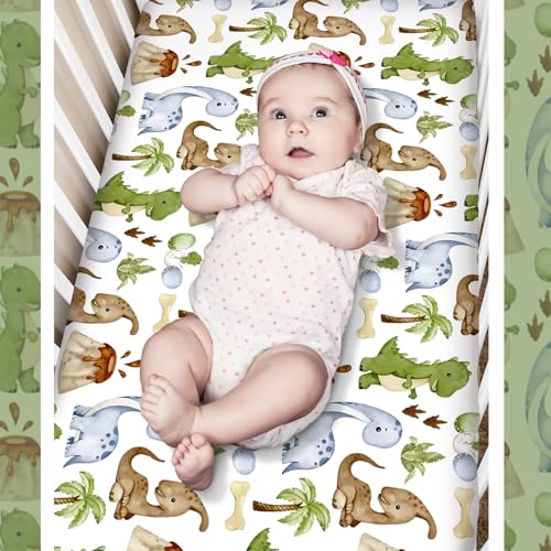 Image of Hahafelt 3 Pcs Baby Crib Bedding Set Safari Animals Dinosaurs Bear Woodland Animals Jungle Crib Set Includes Quilt, Fitted Sheet, Skirt for Baby Boy Girl(Green,Dinosaur)