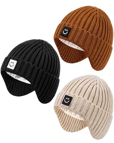 3 Pack Baby Beanie Hats with Earflaps, 2 Size Baby...