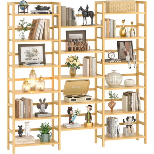 Homykic 6-Tier Bamboo Bookshelf, 61&rdquo; Triple Wide Bookshelves and Bookcases