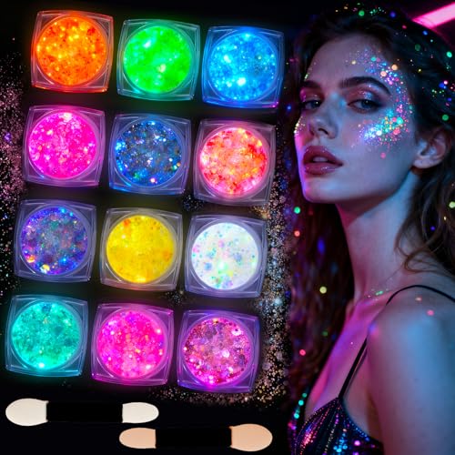 Purpurina Cara, 12 Colores Brillantes Para la Cara, Glitter Maquillaje, Brillantina para Fiestas, Halloween, Carnaval & Bolas de Maquillaje, Embalado en Caja Transparente