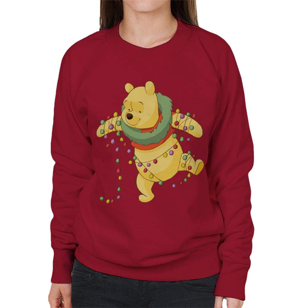 Disney Christmas Winnie The Pooh Tangled in Festive Lights Women's Sweatshirt Cherry Red