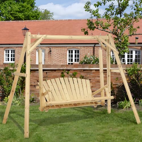 EPICOZY 2-Seat Wooden Log Porch Swing With Stand, Rustic Hardwood