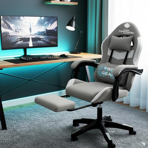 Image of Casa Copenhagen Designed in Denmark, High-Back Fabric Gaming Ergonomic Chair with Advanced Mechanism & Electric Back Massager, Luxurious Memory Foam & Multi Function Arm-Rest - Stone Grey & Grey