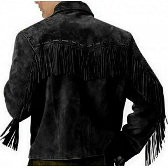 Men's Western Genuine Suede Leather Cowboy Jacket | Traditional Native American Coat with Fringed - Black2