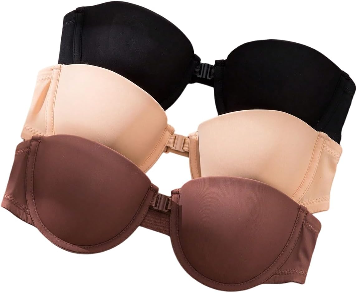 SOLY HUX Strapless Bras for Women 3 Piece Front Closure Underwire Bra Bandeau Invisible Bralette - Image 5