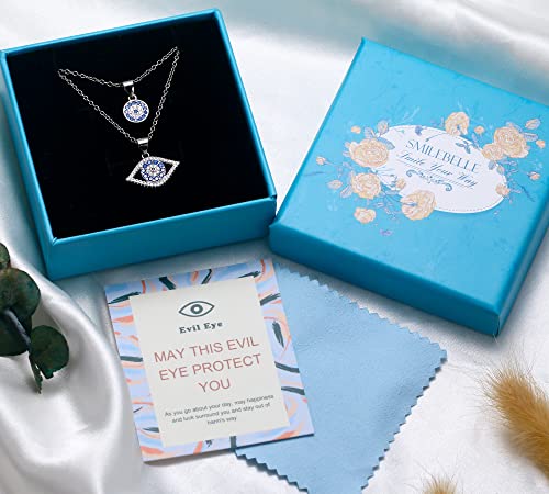 Smilebelle Silver Evil Eye Necklace For Women, Blue Evil Eye Jewelry For Women, 2Pcs Lucky Protection Necklace For Her, Ojo Turco Spiritual Amulet Pendant For Girls, Third Eye Layered Choker Necklace For Women #TOP4