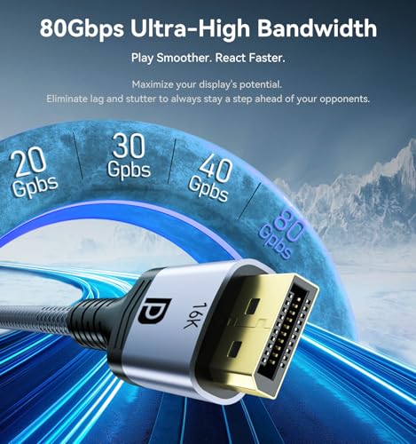 Image of 6FT Displayport to Displayport 2.1 Cable, 80Gbps Display Port to Display Port Cable, 16K@60Hz /8K@120Hz /4K@240Hz /2K@360Hz DP to DP 2.1 Cord for DP80, HDR, DSC, FreeSync Gaming Monitor, 5090, 7900XTX