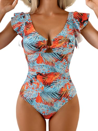 Image of Eomenie Womens Ruffled One Piece Swimsuit Slimming Tummy Control Bathing Suit V-Neck Cutout Swimwear for Resort Wear