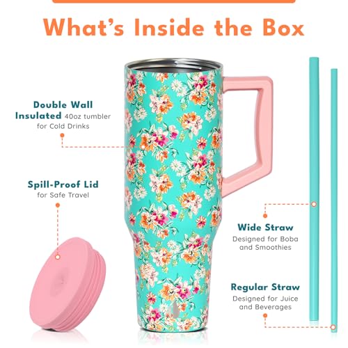 Image of Elemental Spill Proof 40oz Insulated Tumbler with Handle & Straw Travel Mug | Stainless Steel Commuter Travel Coffee Mug for Cold Beverages, Includes 2 Straws & a Spill Proof Lid for Everyday Use
